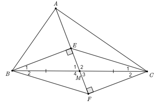Cho tam giác ABC có AB < AC. Tia Ax đi qua điểm M của BC. Kẻ BE và (CF vuông góc với Ax) (E,F thuộc Ax).  a) Chứng minh BE song song CF. Từ đó so sánh BE và FC; CE và BF (ảnh 1)