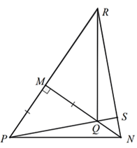 Cho  Δ M N P  vuông tại  M ( M P < M N ) . Trên cạnh  M N  lấy điểm  Q  sao cho  M Q = M P , trên tia đối của tia  M P  lấy điểm  R  sao cho  M R = M N . Gọi  R N  giao  P Q  tại  S . (ảnh 1)