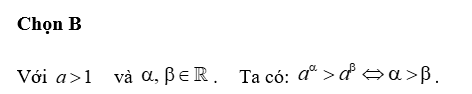 Cho số thực \(a > 1\) và các số thực \(\alpha \), \(\beta \). Kết luận nào sau đây đúng? (ảnh 1)