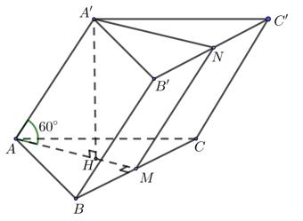 Cho hình lăng trụ ABC.A'B'C' có A'A = A'B = A'C, cạnh bên AA' = 4, đáy ABC là tam giác đều. (ảnh 2)