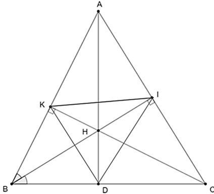 Cho tam giác KBC vuông tại K (KB < KC). Tia phân giác của B cắt cạnh KC tại H Qua C vẽ đường thẳng vuông góc với tia BH cắt đường thẳng BH tại I.  a) Chứng minh: tam giác BHK đồng dang CHI  . (ảnh 1)