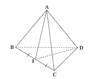 Cho tứ diện \(ABCD\) có \(AB = AC,DB = DC\). Gọi \(I\) là trung điểm của \(BC\). Khi đó: (ảnh 1)