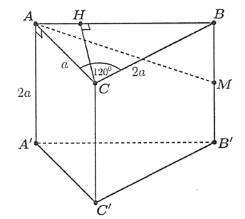 Cho lăng trụ đứng ABC . A'B'C' có AC =a , BC = 2a , góc ACB = 120 độ (ảnh 1)