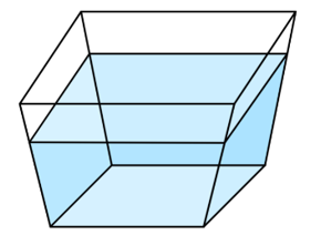 Một chậu đựng nước có dạng hình chóp cụt tứ giác đều với chiều cao 3 dm, (ảnh 1)