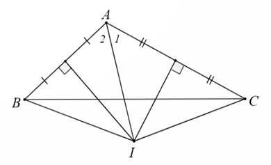 Cho  Δ A B C  có  ˆ A = 110 ∘ . Đường trung trực của các cạnh  A B  và  A C  cắt nhau tại  I . Hỏi số đo của  ˆ B I C  bằng bao nhiêu độ? (ảnh 1)