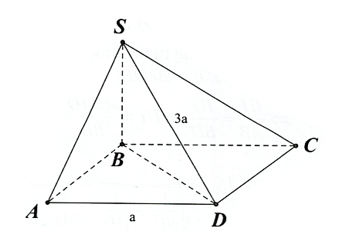 Cho hình chóp \(S.ABCD\) có đáy là hình vuông cạnh \(a,SB \bot (ABCD)\) và \(SD = 3a\). Tính thể tích khối chóp \(S.ABCD\). (ảnh 1)