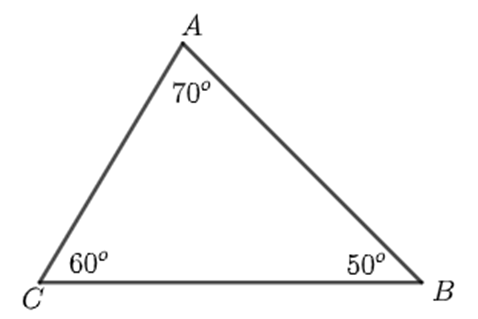 Cho tam giác ABC có góc A = 70 độ ; góc B = 50 độ ; góc C = 60 độ. Trong tam giác ABC cạnh nào có độ dài lớn nhất? (ảnh 1)