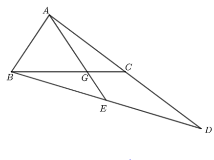 Cho tam giác ABC trên cạnh BC lấy điểm G sao cho BG = 2GC. Vẽ điểm D sao cho C là trung điểm của AD. Gọi E là trung điểm của BD.  a) Chứng minh A;G;E thẳng hàng; (ảnh 1)