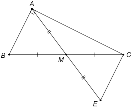Cho tam gi&aacute;c ABC vu&ocirc;ng tại A. Gọi M l&agrave; trung điểm của cạnh BC. Tr&ecirc;n tia đối của tia MA lấy điểm E sao cho MA = ME. Ph&aacute;t biểu n&agrave;o dưới đ&acirc;y l&agrave; đ&uacute;ng? (ảnh 2)