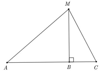 Cho ba điểm A,B,C thẳng hàng, điểm B nằm giữa hai điểm A và C. Trên đường thẳng vuông góc với AC tại B ta lấy điểm M (điểm M không trùng với điểm B. Khi đó, khẳng định nào sau đây là đúng? (ảnh 1)