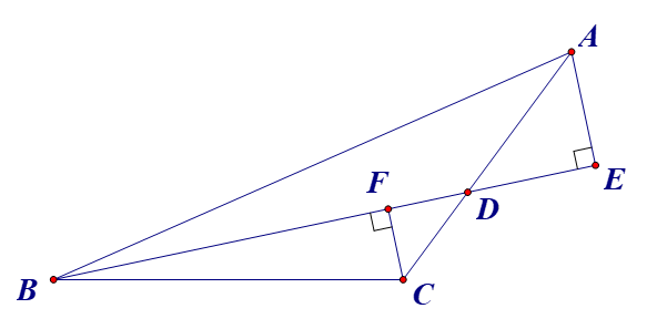 Cho tam giác  A B C  có  ˆ B < ˆ C . Lấy điểm  D  nằm giữa  A  và  C  ( B D  không vuông góc với  A C ). Kẻ  A E ⊥ B D  tại  E  và  C F ⊥ B D  tại  F . (ảnh 1)