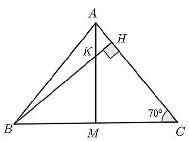 Cho  Δ A B C  cân tại  A  có  ˆ C = 70 ∘ . Đường cao  B H  cắt đường trung tuyến  A M ( M ∈ B C )  tại  K . Khẳng định nào sau đây đúng nhất? (ảnh 1)