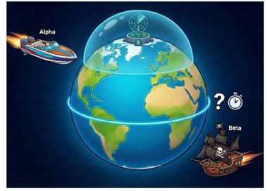 (Xem vận tốc của Alpha và Beta là chuyển động đều và hai tàu di chuyển trên mặt của khối cầu. Làm tròn kết quả đến hàng phần chục) (ảnh 1)