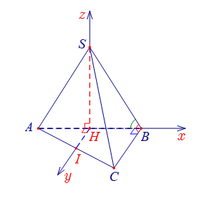 Cho hình chóp \(S.ABC\) có đáy là tam giác vuông cân tại \(B\) có \(AB = BC = 4\). Gọi \(H\) là trung điểm (ảnh 1)