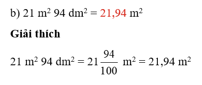 Thay ..?.. bằng số thập phân thích hợp: 21 m^2 94 dm^2 = .?. m^2 (ảnh 1)