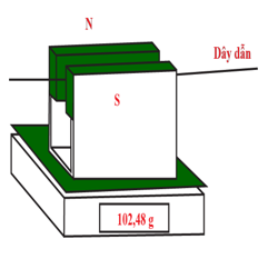 Hình vẽ cho thấy một dây dẫn được đặt nằm ngang trên cân điện từ và nằm trong từ trường của nam châm. (ảnh 1)