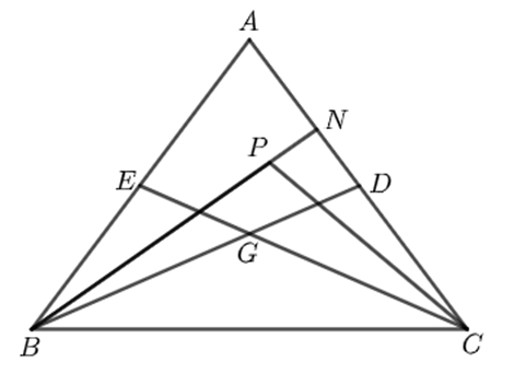 Cho tam giác ABC cân tại A. Đường trung tuyến BD và CE cắt nhau tại G. a) Chứng minh: GB = GC; b) Cho P là một điểm nằm trong tam giác. Chứng minh 2AB > PB + PC (ảnh 1)