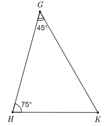 Cho tam giác GHK có góc G = 45 độ và góc H = 75 độ. So sánh độ dài HK và GK là (ảnh 1)
