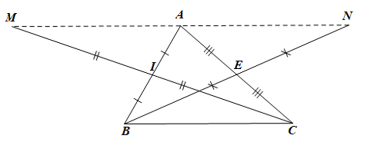 Cho tam giác ABC. Gọi I là trung điểm của AB. Trên tia đối của tia IC, lấy điểm M sao cho IM = IC.  a) Chứng minh rằng tam giác AIM = tam giác BIC (ảnh 1)