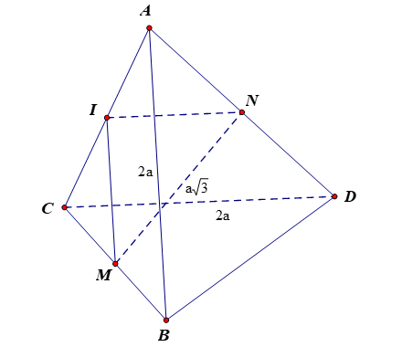 Cho tứ diện \(ABCD\) có \(AB = CD = 2a\). Gọi \(M\), \(N\) lần lượt là trung điểm (ảnh 1)