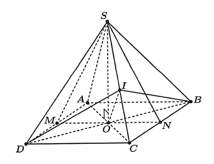 Cho hình chóp tứ giác đều \(S.ABCD\) có cạnh đáy bằng \(a\), tâm của đáy là \(O\) (ảnh 2)