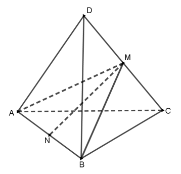 Xét khối tứ diện \(ABCD\) có cạnh \(AB\), \(CD\) thỏa mãn \(A{B^2} + C{D^2} = 18\) và các cạnh còn lại đều (ảnh 1)