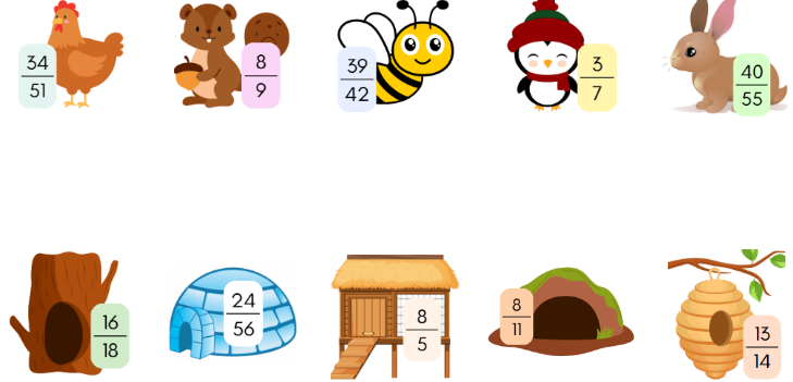 Rút gọn các phân số để tìm nhà cho các loài vật? (ảnh 1)