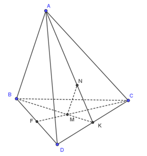 Cho hình tứ diện ABCD. Gọi M là trọng tâm tam giác BCD. Đường thẳng qua M song song với AB cắt mặt phẳng (ACD) tại N.  (ảnh 1)