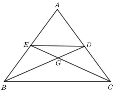 Cho tam giác ABC cân tại A. Đường trung tuyến BD và CE cắt nhau tại G. a) Chứng minh tam giác DGE cân; b) Chứng minh BD + CE > (3/2)BC (ảnh 1)