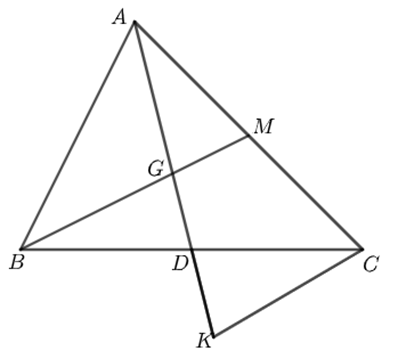 Cho tam giác ABC, đường trung tuyến AD. Trên tia đối của tia DA lấy điểm K sao cho DK = 1/3 AD. Qua B vẽ một đường thẳng song song với CK cắt AC tại M, cắt AD tại G.  a) So sánh MB và MC + CB từ đó chứng minh MB + MA < CA + CB (ảnh 1)