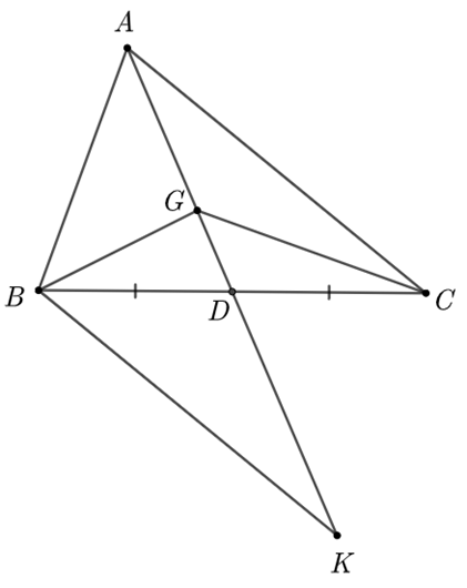 Cho tam giác ABC trọng tâm G có góc BGC < 90 độ. Điểm D là giao điểm của AG với BC. Trên tia AD lấy điểm K sao cho DK = DA.  a) Chứng minh tam giác ACD = tam giác KBD (ảnh 1)