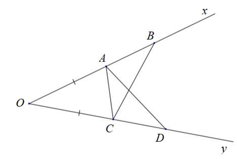 Cho góc xOy khác góc bẹt. Trên cạnh Ox lấy hai điểm A và B, trên cạnh Oy lấy hai điểm C và D sao cho OA = OC; OB = OD.  a) Chứng minh AD = BC (ảnh 1)
