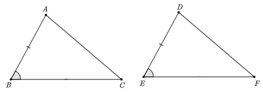 Cho hai tam giác ABC và DEF có AB = DE; góc B = góc E. Cần thêm điều kiện gì để tam giác ABC = tam giác DEF theo trường hợp góc – cạnh – góc? (ảnh 1)