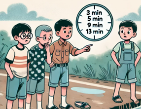 Hỏi thời gian tối thiểu để cả 4 cậu bé cùng qua được con đê là bao nhiêu phút? Biết rằng mỗi cậu bé muốn đi qua con đê này thì phải mang dép và thời gian để mỗi người đi qua hoặc đi về lại trên con đê là như nhau. (ảnh 1)