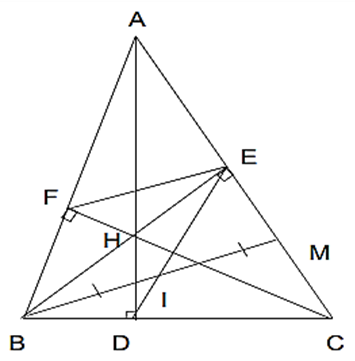 Cho tam gi&aacute;c ABC nhọn (AB < AC) c&oacute; hai đường cao BE,CF cắt nhau tại H.  a) Chứng minh: tam gi&aacute;c FHB dồng dạng tam gi&aacute;c EHC  .  b) Chứng minh: AF.AB = AE.AC (ảnh 1)