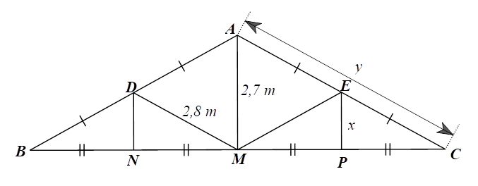 Tính độ dài x của cây chống đứng bên và độ dài y của cánh kèo. (ảnh 3)