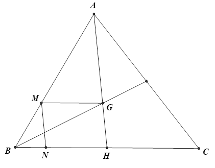 Cho tam giác ABC có G là trọng tâm. Qua G kẻ đường thẳng song song với BC cắt AB tại M, qua M kẻ đường thẳng song song với AG cắt BC tại N. Tính BN/BC (ảnh 1)