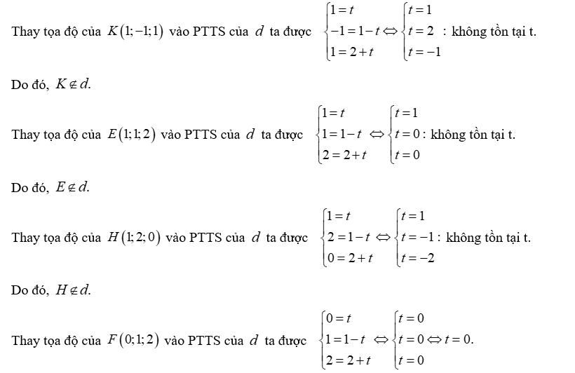 Trong không gian với hệ tọa độ Oxyz , đường thẳng d: x = t , y = 1-t ( t thuộc R ) Z = 2+ t  (ảnh 2)