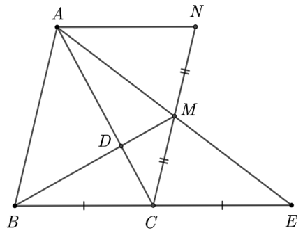 Cho tam giác ABC. Trên cạnh AC lấy điểm D sao cho AD =2/3(AC).  Trên tia đối của tia CB lấy điểm E sao cho CE = CB. Tia BD cắt AE tại điểm M. Trên cạnh CM lấy điểm N sao cho M là trung điểm của NC (ảnh 1)