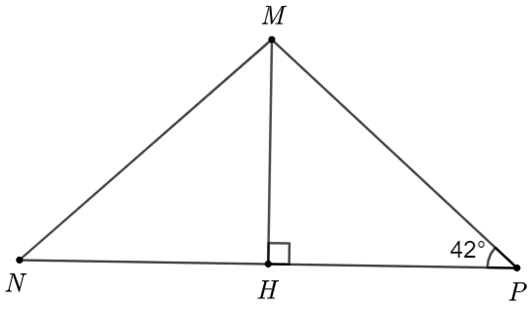 Cho tam giác MNP cân tại M có MH là tia phân giác của góc NMP và  góc P = 42 độ. Số đo của góc NMH là (ảnh 1)