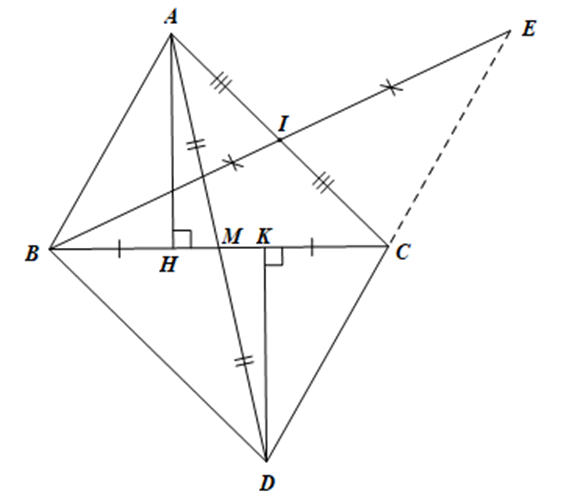 Cho tam giác ABC, lấy M là trung điểm của cạnh BC. Trên tia đối của tia MA lấy điểm D sao cho MA = MD.  a) Chứng minh tam giác AMB = tam giác DMC;  (ảnh 1)