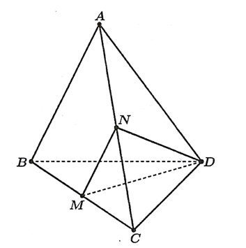 Cho tứ diện đều \(ABCD\) có cạnh bằng \(a,M\) là trung điểm cạnh \(BC\), \(N\) là trung điểm của \(AC\). Khi đó: (ảnh 1)
