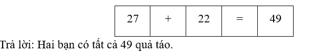 Viết phép tính thích hợp và trả lời câu hỏi: 
Lan có 27 quả táo. Hùng có 22 quả táo. Hỏi hai bạn có tất cả bao nhiêu quả táo?
Phép tính:
 (ảnh 2)