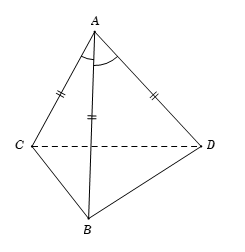 Cho tứ diện \[ABCD\] có \[AB = AC = AD\] và góc BAC = góc BAD= 60 độ (ảnh 1)