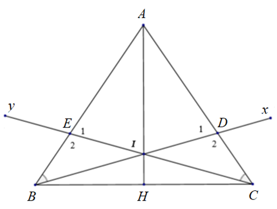 Cho tam giác ABC có AB = AC. Trên nửa mặt phẳng bờ BC chứa điểm A, vẽ tia Bx,Cy lần lượt cắt hai cạnh AC,AB tại D,E sao cho góc ABD = góc ACE  a) Chứng minh: AD = AE (ảnh 1)
