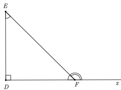 Cho tam giác DEF vuông cân tại D như hình vẽ. Số đo của góc EFx là (ảnh 2)