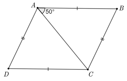 Cho tứ giác ABCD có AB = CD; AD = BC (như hình vẽ). Biết góc BAC = 50 độ, số đo của góc ACD là (ảnh 2)