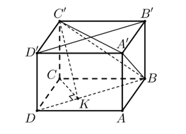 Cho hình hộp chữ nhật \[ABCD.A'B'C'D'.\] Kẻ \(CK\) vuông góc với \(BD\)  (ảnh 1)