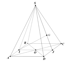 Cho hình chóp đều \[S.ABCD.\] Gọi \[I\] là trung điểm của \[AB,\,G\] là trọng tâm của tam giác \[SCD\]. (ảnh 1)