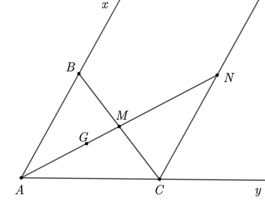 a) Chứng minh tam giác ABM = tam giác NCM;  b) Chứng minh rằng G là trọng tâm của tam giác ABC (ảnh 1)